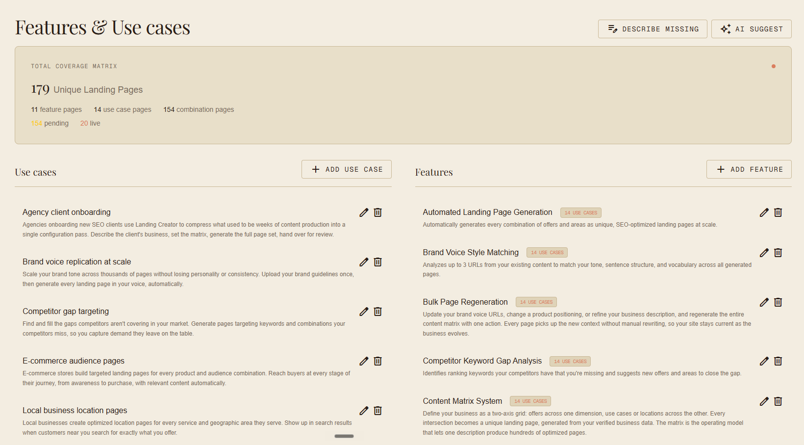 Content matrix admin view showing offers by areas grid