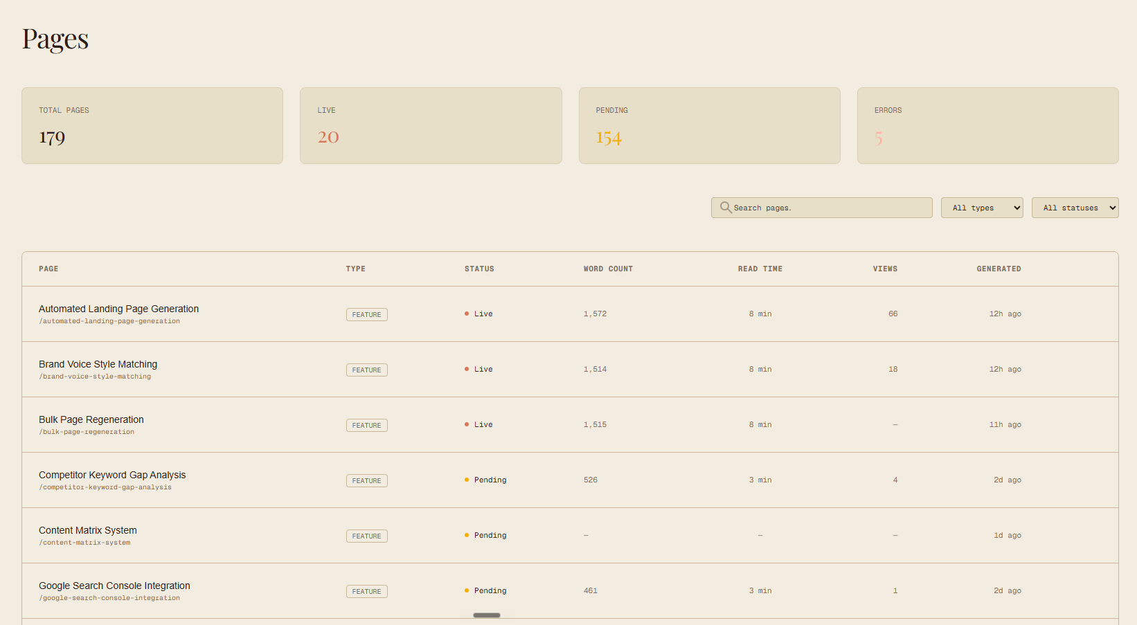 Pages dashboard with status and stats