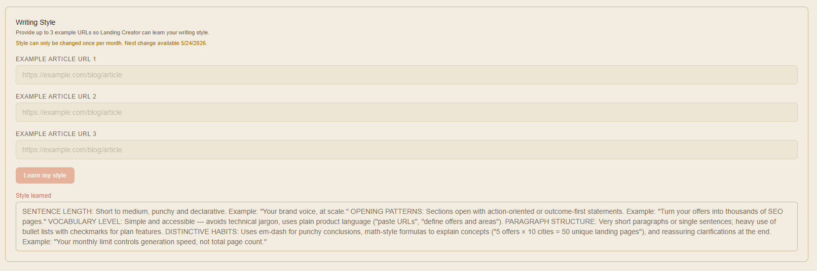 Writing Style settings panel